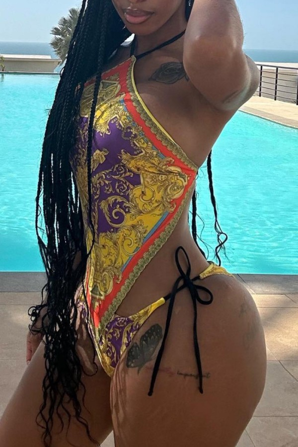 Yellow Sexy Print Bandage Backless Swimwears (Without Paddings)