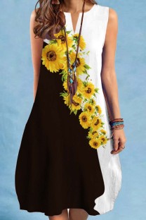 Yellow Casual Print Basic V Neck Sleeveless Dress Dresses