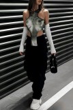 Black Sexy Print Asymmetrical O Neck Tops