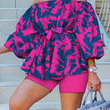 Orange Blue Casual Elegant Print Patchwork Off the Shoulder Three Quarter Two Pieces