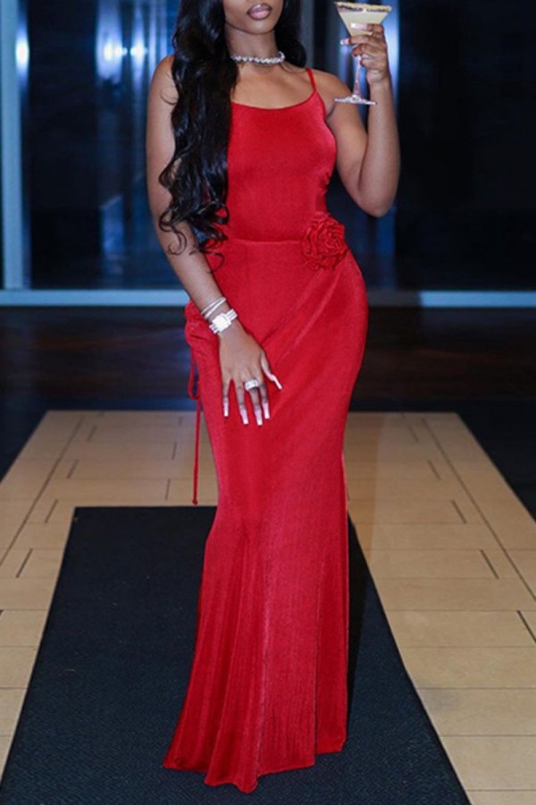 Red Sexy Solid Backless Spaghetti Strap Long Dress Dresses