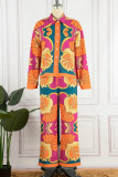 Light Blue Casual Print Patchwork Buckle Turndown Collar Long Sleeve Two Pieces