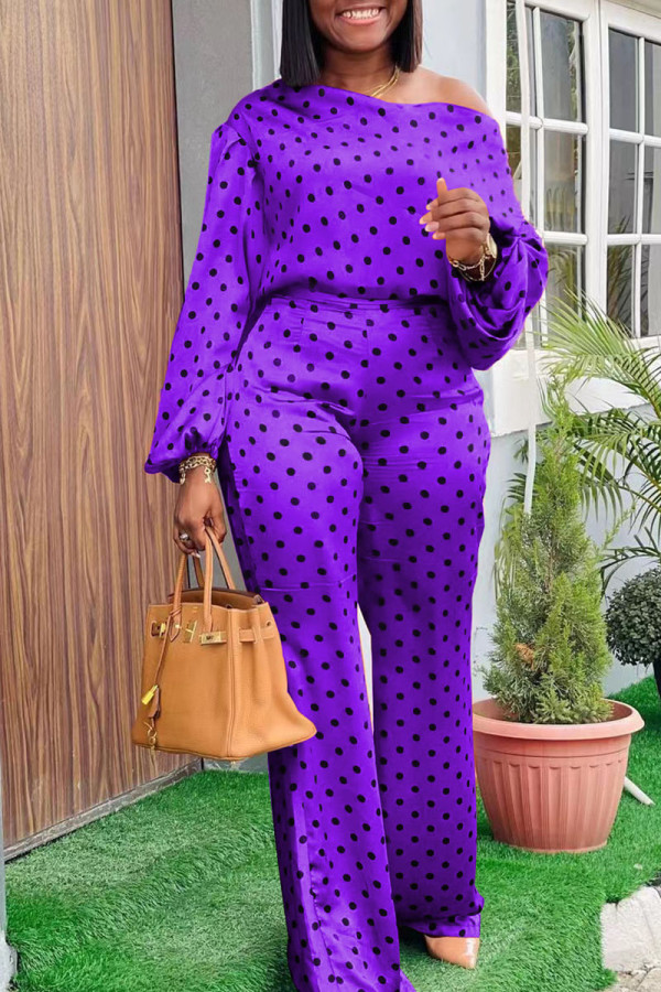 Purple Casual Print Polka Dot Patchwork Oblique Collar Long Sleeve Two Pieces