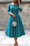 Green Casual Solid Basic O Neck A Line Dresses