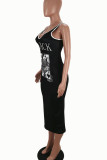 Black Sexy Print Patchwork U Neck Pencil Skirt Dresses