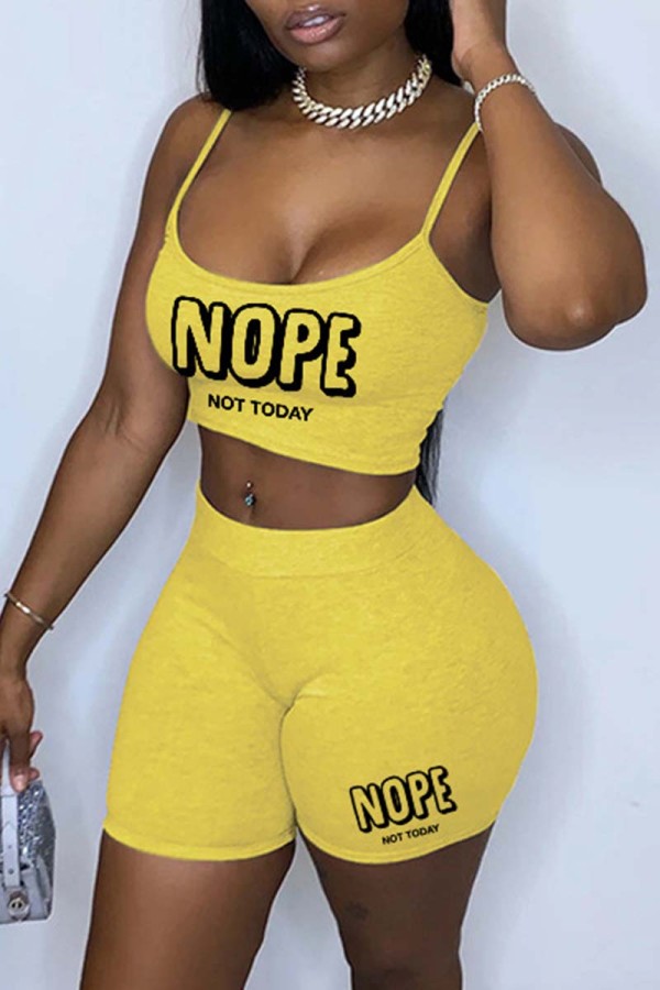 Yellow Sexy Casual Letter Print Basic Spaghetti Strap Sleeveless Two Pieces
