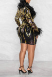 Red Elegant Sequins Patchwork Feathers V Neck Pencil Skirt Dresses