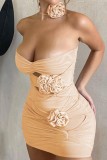 Apricot Sexy Solid Hollowed Out Backless Strapless Sleeveless Dress Dresses