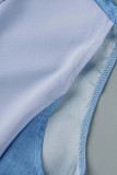 Blue Casual Solid Patchwork Buckle Fold Turndown Collar Straight Dresses