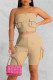 Khaki Sexy Street Print Patchwork Zipper Strapless Sleeveless Two Pieces