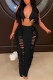 Black Sexy Solid Tassel Hollowed Out Patchwork Halter Sleeveless Two Pieces
