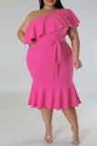 Green Casual Solid Patchwork Backless Oblique Collar Plus Size Dresses