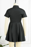 Black Casual Solid Buckle Fold Turndown Collar A Line Dresses