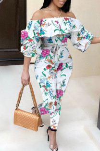 White Casual Print Patchwork Off the Shoulder Jumpsuits
