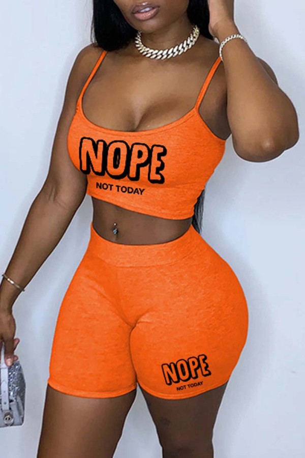 Orange Sexy Casual Letter Print Basic Spaghetti Strap Sleeveless Two Pieces