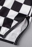 Black Sexy Letter Plaid Print Basic O Neck Sleeveless Two Pieces
