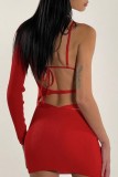 Red Sexy Solid Hollowed Out Frenulum Backless O Neck Irregular Dress Dresses