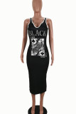 Black Sexy Print Patchwork U Neck Pencil Skirt Dresses
