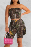 Red Sexy Street Print Patchwork Zipper Strapless Sleeveless Two Pieces