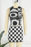 Black Sexy Letter Plaid Print Basic O Neck Sleeveless Two Pieces