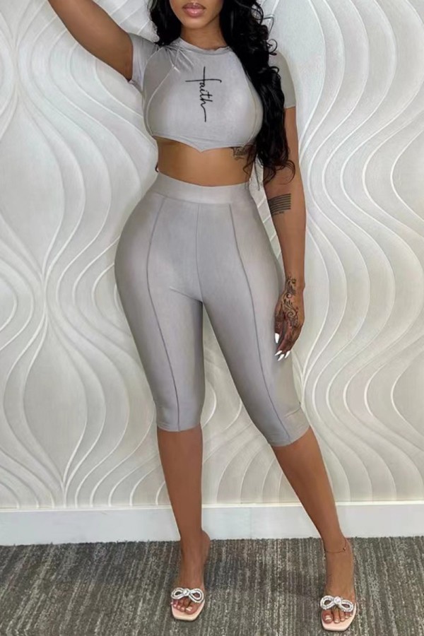 Silver Casual Print Bandage Backless O Neck Sleeveless Two Pieces