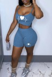 Light Blue Sexy Casual Print Backless Spaghetti Strap Sleeveless Two Pieces
