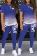 Blue Sexy Print Letter O Neck Short Sleeve Two Pieces
