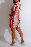Red Casual Street Print Hollowed Out Patchwork Buckle Turndown Collar Dresses
