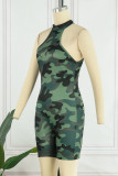 Apricot Casual Solid Camouflage Print Basic Turtleneck Skinny Romper