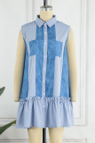Blue Casual Solid Patchwork Buckle Fold Turndown Collar Straight Dresses