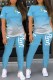 Sky Blue Sexy Print Letter O Neck Short Sleeve Two Pieces