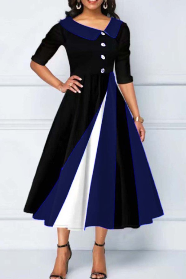 Blue Casual Patchwork Contrast Oblique Collar A Line Dresses