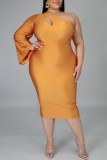 Green Sexy Casual Solid Hollowed Out Backless Oblique Collar Long Sleeve Plus Size Dresses