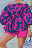Orange Blue Casual Elegant Print Patchwork Off the Shoulder Three Quarter Two Pieces
