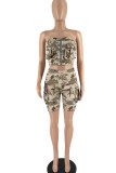 Red Sexy Street Print Patchwork Zipper Strapless Sleeveless Two Pieces