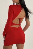 Red Sexy Solid Hollowed Out Frenulum Backless O Neck Irregular Dress Dresses