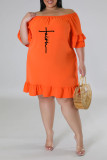 Tangerine Casual Print Patchwork Flounce Off the Shoulder Plus Size Dresses