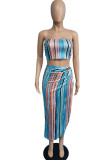 Multicolor Sexy Striped Print Patchwork Asymmetrical Strapless Sleeveless Two Pieces