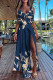 Tibetan Blue Sexy Print Patchwork Slit V Neck Printed Dress Dresses(Without underwear)