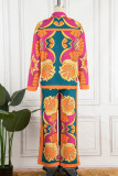 Light Blue Casual Print Patchwork Buckle Turndown Collar Long Sleeve Two Pieces