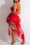 Red Sexy Print Patchwork Asymmetrical Spaghetti Strap Sleeveless Two Pieces