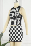 Black Sexy Letter Plaid Print Basic O Neck Sleeveless Two Pieces