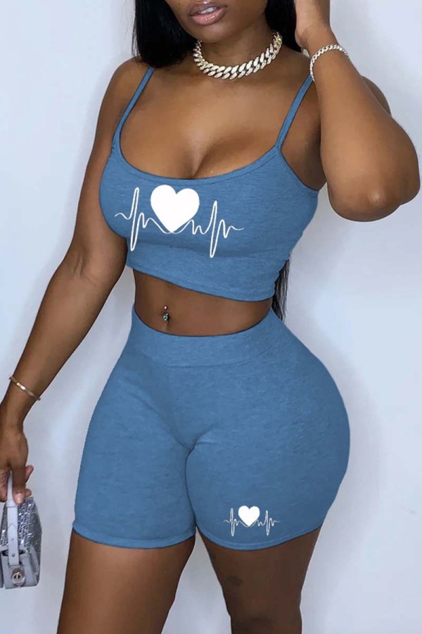 Light Blue Sexy Casual Print Backless Spaghetti Strap Sleeveless Two Pieces