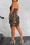 Red Sexy Street Print Patchwork Zipper Strapless Sleeveless Two Pieces