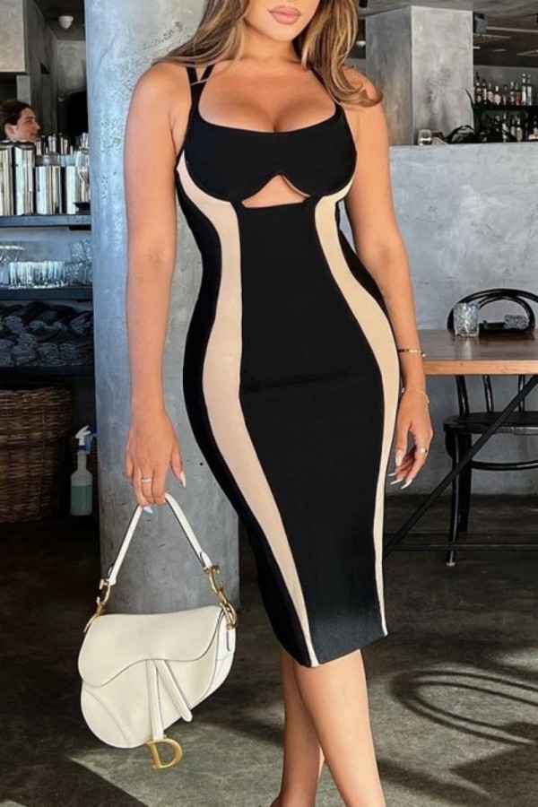 Black Sexy Patchwork Hollowed Out Backless Contrast Spaghetti Strap Sleeveless Dress Dresses