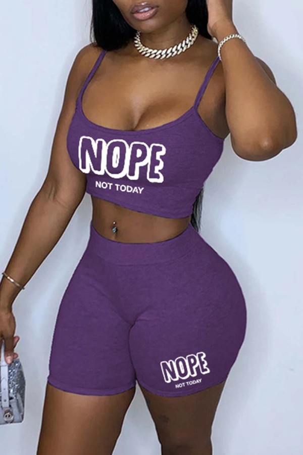 Purple Sexy Casual Letter Print Basic Spaghetti Strap Sleeveless Two Pieces