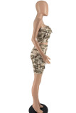 Red Sexy Street Print Patchwork Zipper Strapless Sleeveless Two Pieces