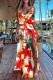 Red Sexy Print Patchwork Slit V Neck Printed Dress Dresses(Without underwear)
