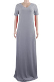 Blue Fashion Casual Red Grey Blue Green Cap Sleeve Short Sleeves V Neck Swagger Floor-Length Solid Dresses