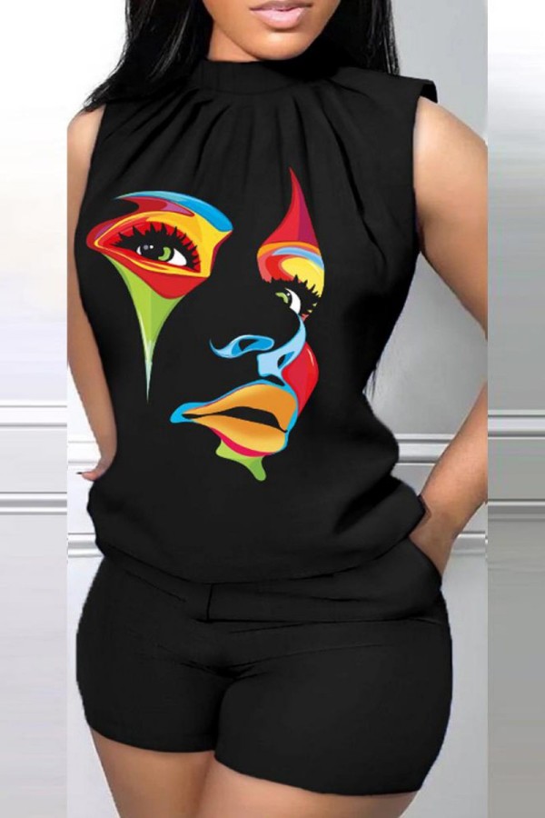 Colour Casual Print Basic Half A Turtleneck Sleeveless Two Pieces